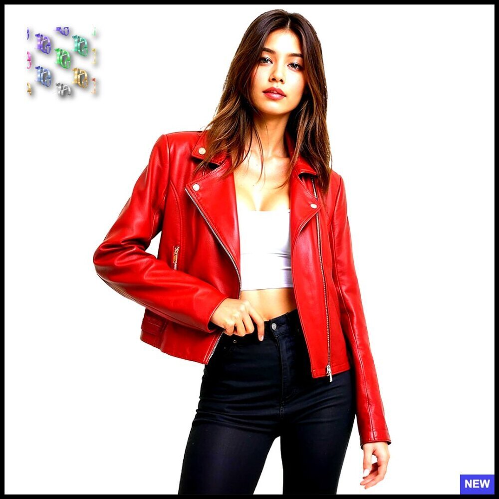 Faux Leather Moto Biker Jacket Zip Up Slim Fit Classic Edgy Chic